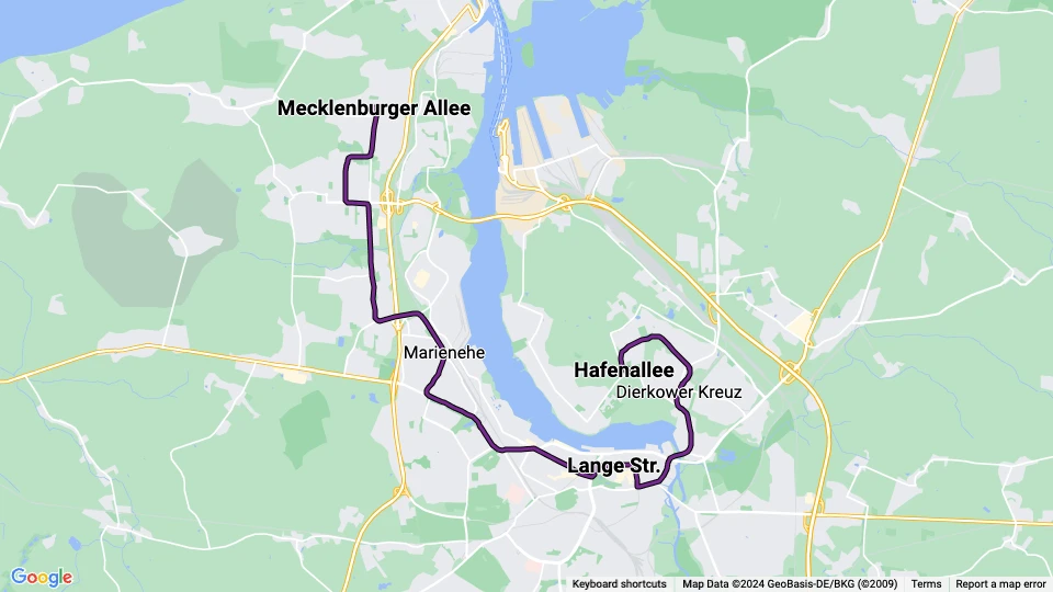 Rostock Straßenbahnlinie 1: Hafenallee - Mecklenburger Allee Linienkarte