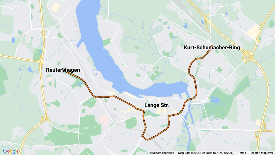 Rostock Zusätzliche Linie 2: Reutershagen - Kurt-Schumacher-Ring Linienkarte