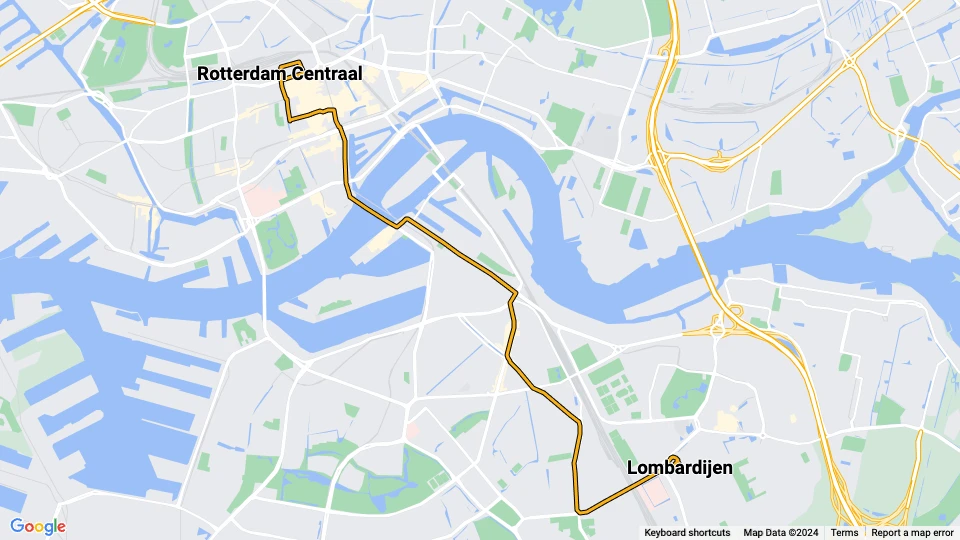 Rotterdam Straßenbahnlinie 20: Rotterdam Centraal - Lombardijen Linienkarte