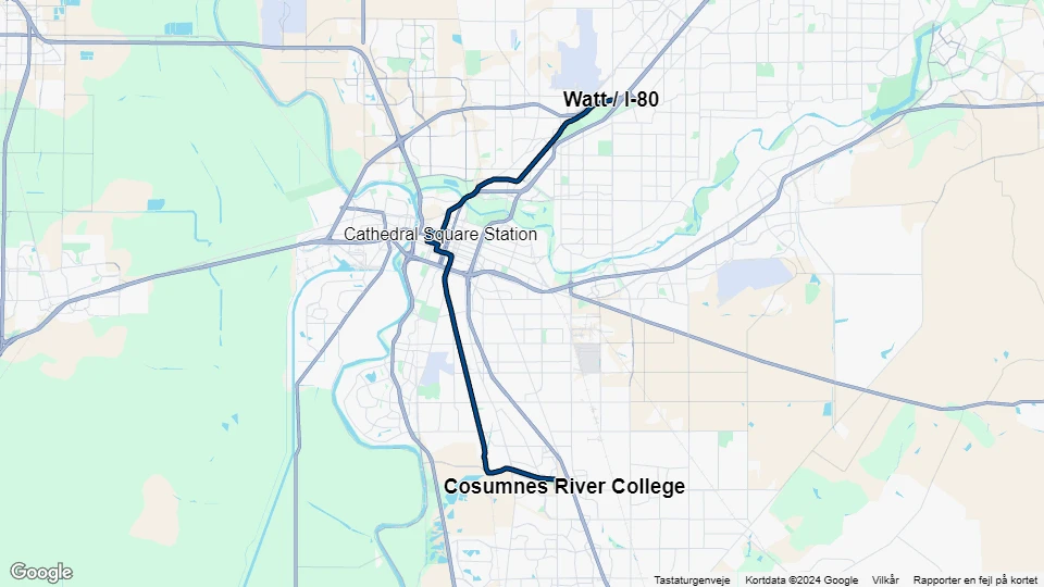 Sacramento Straßenbahnlinie Blau: Watt / I-80 - Cosumnes River College Linienkarte