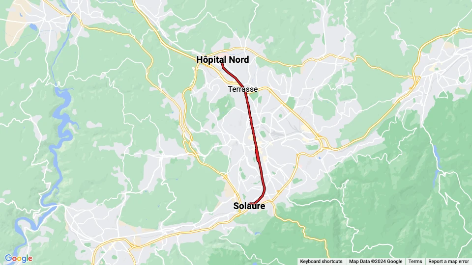 Saint-Étienne Straßenbahnlinie T1: Solaure - Hôpital Nord Linienkarte