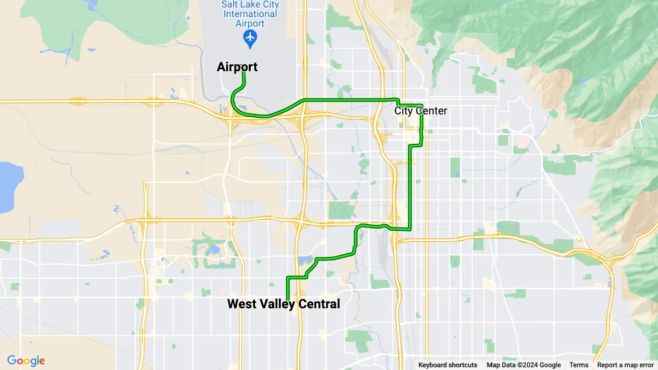 Salt Lake City Regionallinie 704 Green Line: West Valley Central - Airport Linienkarte