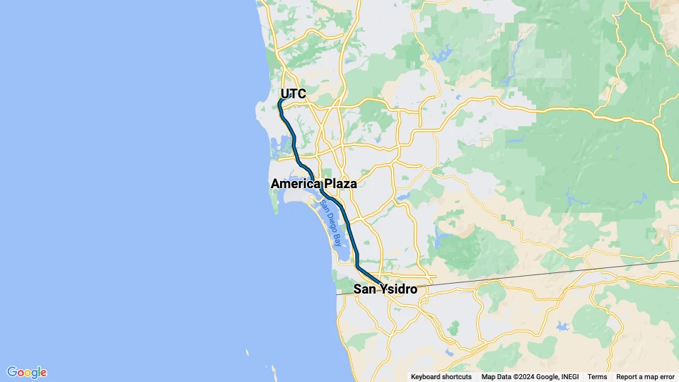 San Diego Straßenbahnlinie Blau: UTC - San Ysidro Linienkarte