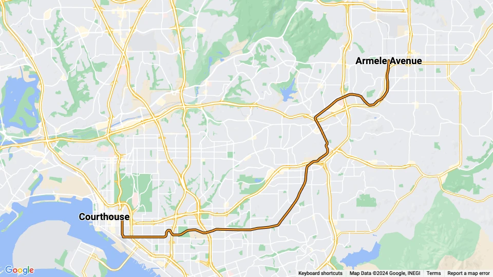 San Diego Straßenbahnlinie Orange: Armele Avenue - Courthouse Linienkarte