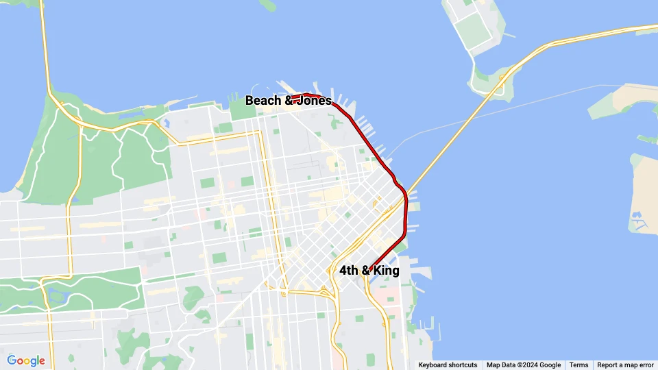 San Francisco E-Embarcadero Steetcar: 4th & King - Beach & Jones Linienkarte