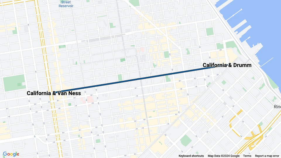 San Francisco Kabelstraßenbahn California: California & Van Ness - California & Drumm Linienkarte