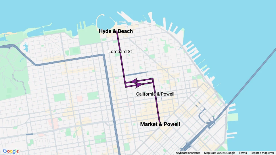 San Francisco Kabelstraßenbahn Powell-Hyde: Market & Powell - Hyde & Beach Linienkarte