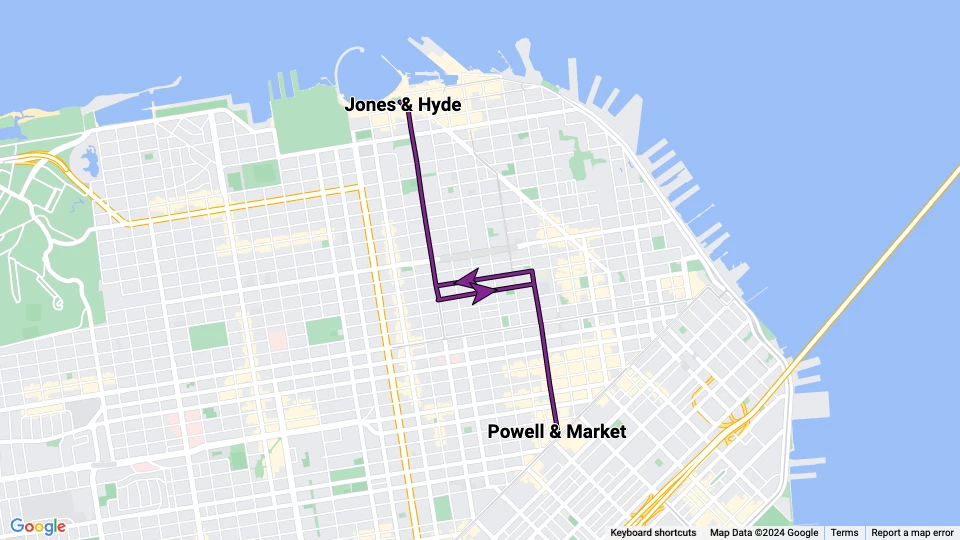 San Francisco Kabelstraßenbahn Powell-Hyde: Powell & Market - Jones & Hyde Linienkarte