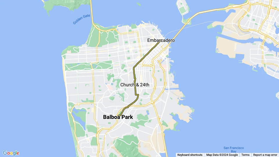 San Francisco Straßenbahnlinie J Church: Embarcadero - Balboa Park BART Linienkarte