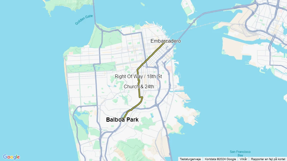 San Francisco Straßenbahnlinie J Church: Embarcadero - Balboa Park Linienkarte