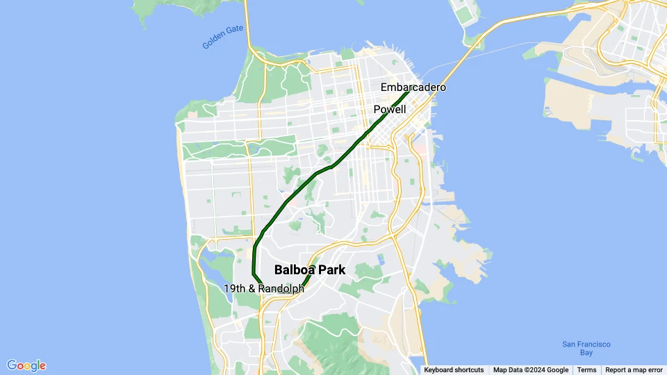 San Francisco Straßenbahnlinie M Ocean View Linienkarte
