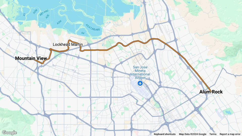 San Jose Orange Linie (900): Mountain View - Alum Rock Linienkarte