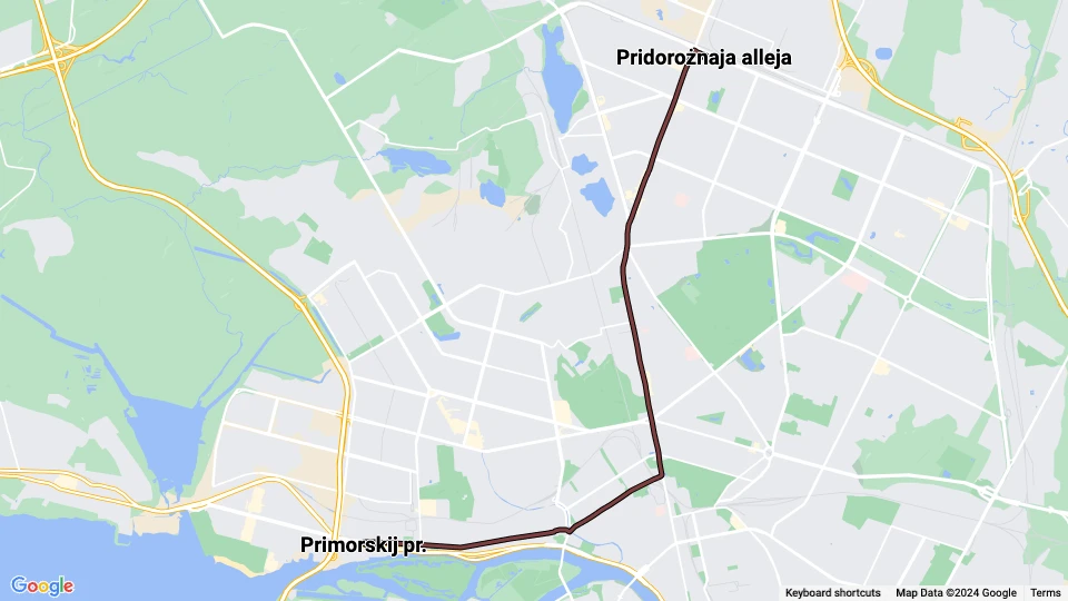 Sankt Petersburg Straßenbahnlinie 21: Primorskij pr. - Pridorożnaja alleja Linienkarte