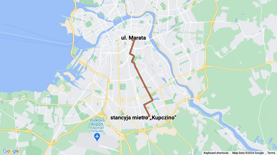 Sankt Petersburg Straßenbahnlinie 25: stancyja mietro „Kupczino” - ul. Marata Linienkarte