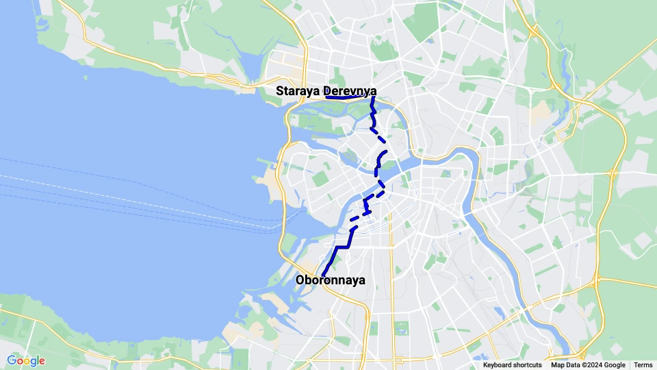 Sankt Petersburg Straßenbahnlinie 31: Staraya Derevnya - Oboronnaya Linienkarte