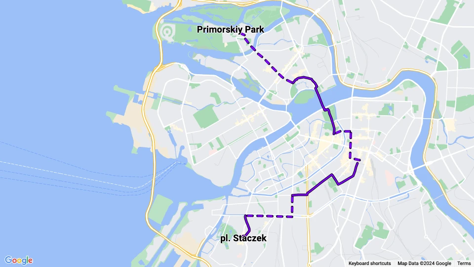 Sankt Petersburg Straßenbahnlinie 34: pl. Staczek - Primorskiy Park Linienkarte