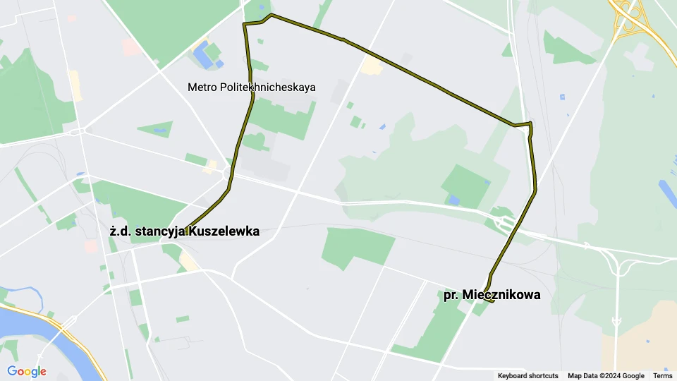 Sankt Petersburg Straßenbahnlinie 38: ż.d. stancyja Kuszelewka - pr. Miecznikowa Linienkarte