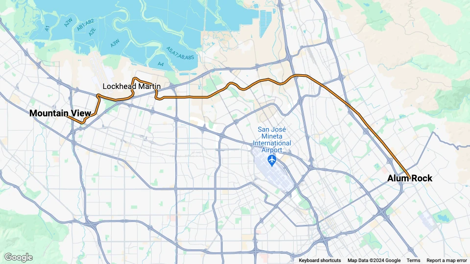 Santa Clara Orange Line (900): Mountain View - Alum Rock Linienkarte