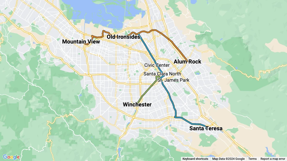 Santa Clara Valley Transportation Authority light rail (VTA) Linienkarte