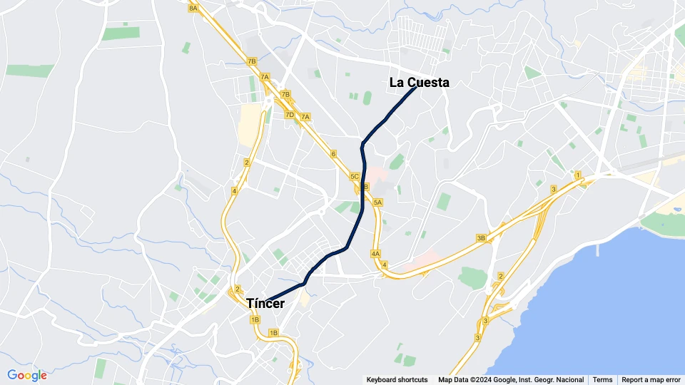 Santa Cruz de Tenerife Straßenbahnlinie 2: La Cuesta - Tíncer Linienkarte