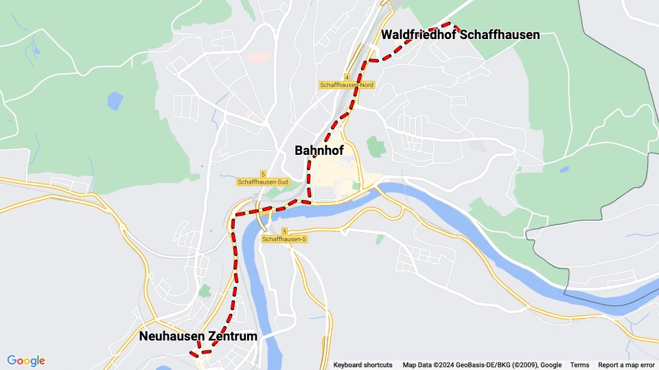 Schaffhausen Straßenbahnlinie 1: Neuhausen Zentrum - Waldfriedhof Schaffhausen Linienkarte