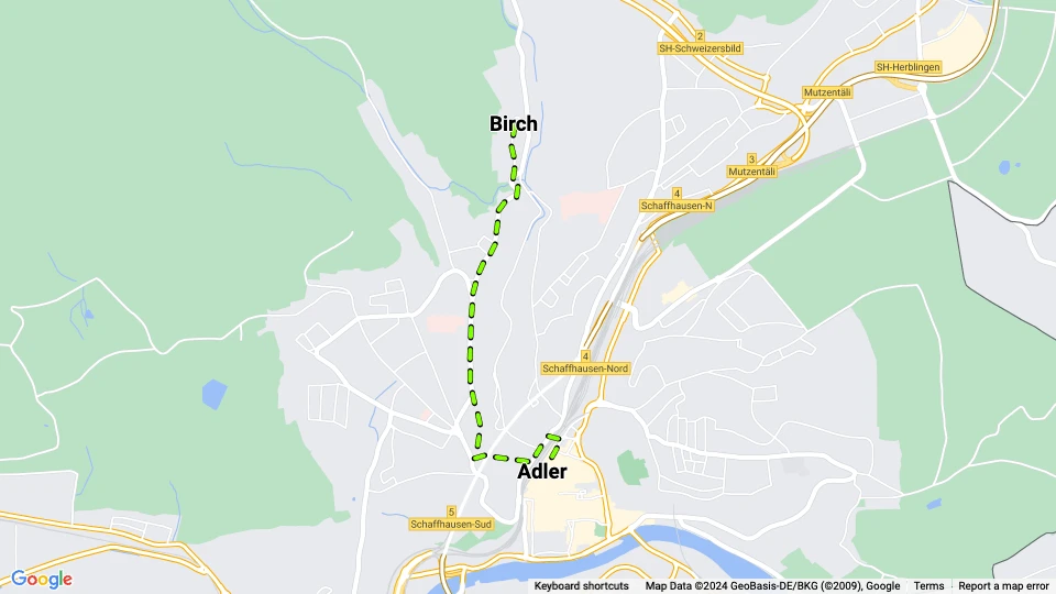 Schaffhausen Straßenbahnlinie 2: Birch - Adler Linienkarte