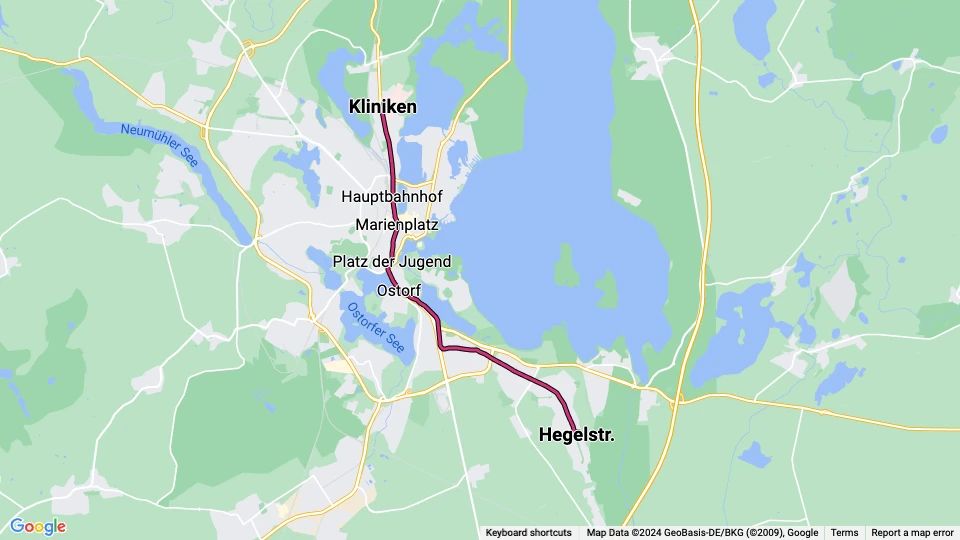 Schwerin Straßenbahnlinie 1: Kliniken - Hegelstr. Linienkarte