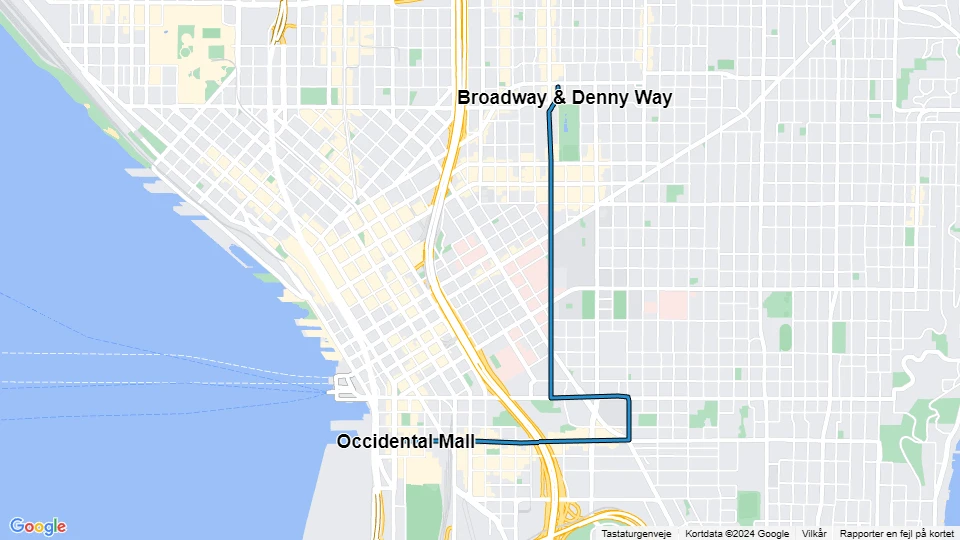 Seattle First Hill Streetcar: Broadway & Denny Way - Occidental Mall Linienkarte