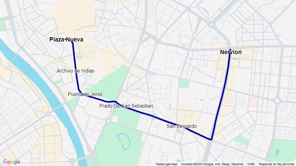 Sevilla Straßenbahnlinie T1: Plaza Nueva - Nervion Linienkarte