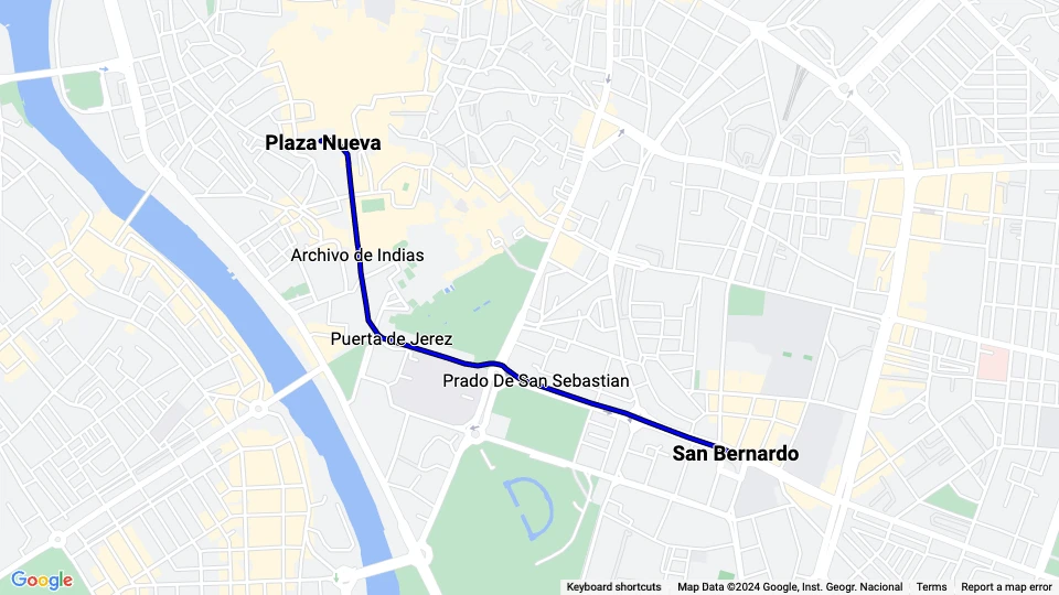 Sevilla Straßenbahnlinie T1: Plaza Nueva - San Bernardo Linienkarte