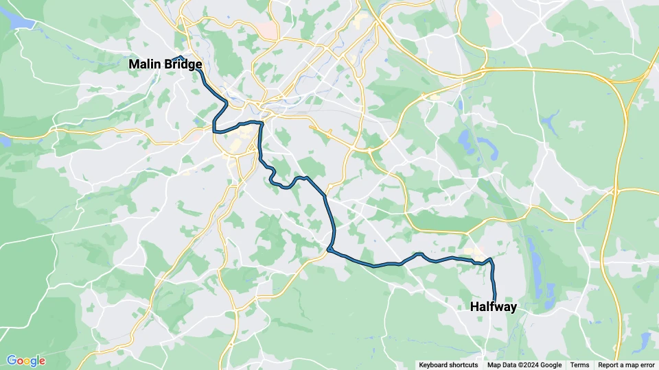 Sheffield Blaue Linie: Malin Bridge - Halfway Linienkarte