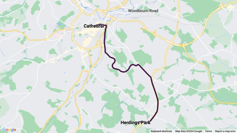 Sheffield Violette Linie: Herdings Park - Cathedral Linienkarte
