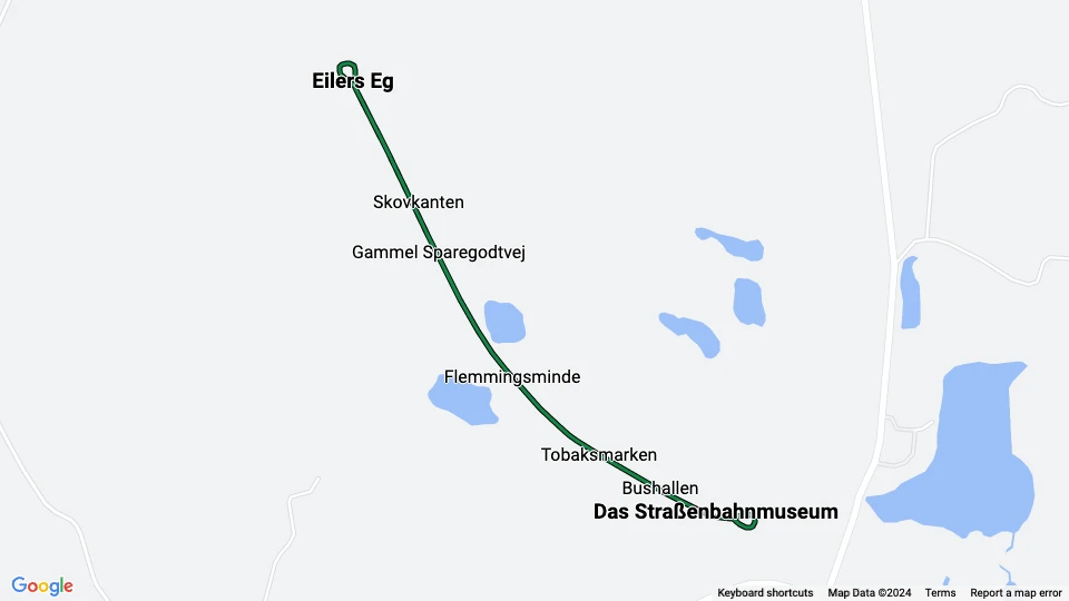 Skjoldenæsholm Normalspur: Das Straßenbahnmuseum - Eilers Eg Linienkarte