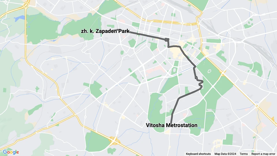 Sofia Straßenbahnlinie 10: zh. k. Zapaden Park - Vitosha Metrostation Linienkarte