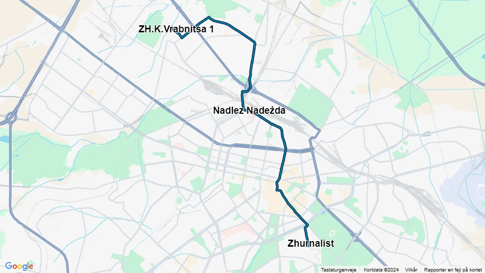 Sofia Straßenbahnlinie 12: ZH.K.Vrabnitsa 1 - Zhurnalist Linienkarte