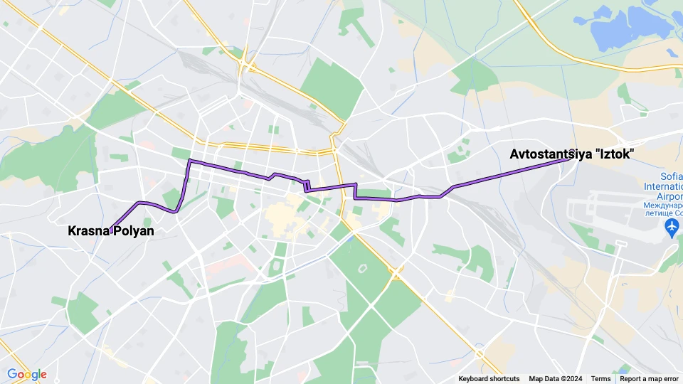 Sofia Straßenbahnlinie 22: Krasna Polyan - Avtostantsiya "Iztok" Linienkarte