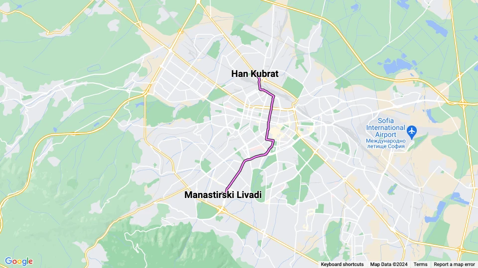Sofia Straßenbahnlinie 7: Han Kubrat - Manastirski Livadi Linienkarte