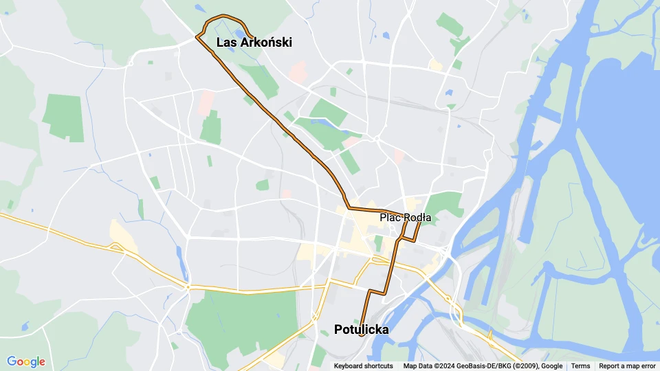 Stettin Straßenbahnlinie 1: Potulicka - Las Arkoński Linienkarte