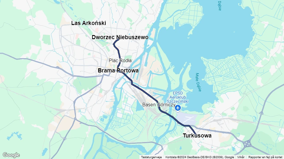 Stettin Straßenbahnlinie 2: Dworzec Niebuszewo - Turkusowa Linienkarte