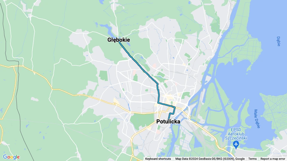 Stettin Straßenbahnlinie 9: Potulicka - Głębokie Linienkarte