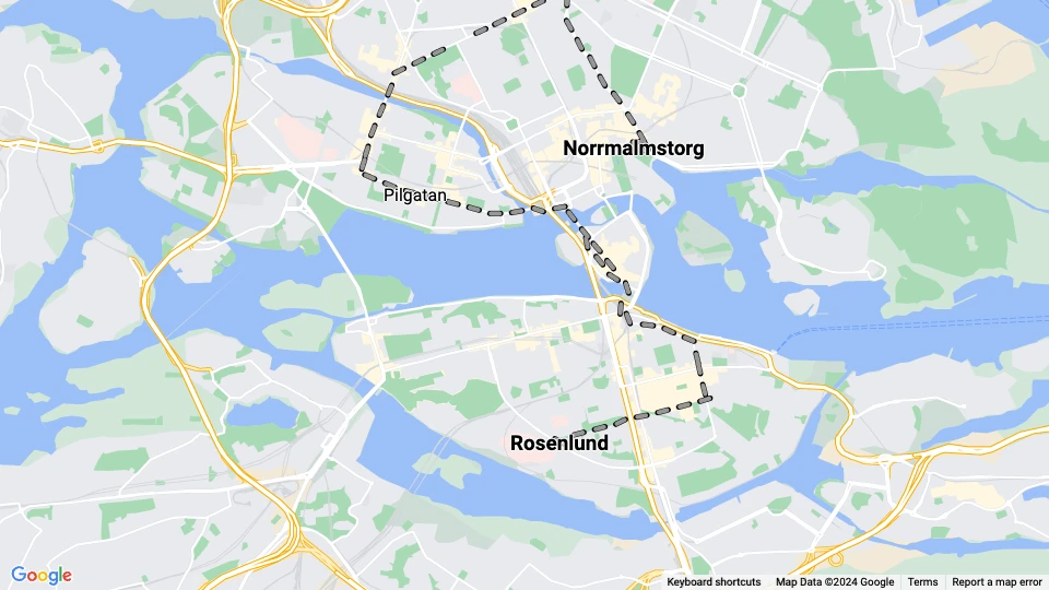 Stockholm Straßenbahnlinie 1: Norrmalmstorg - Rosenlund Linienkarte
