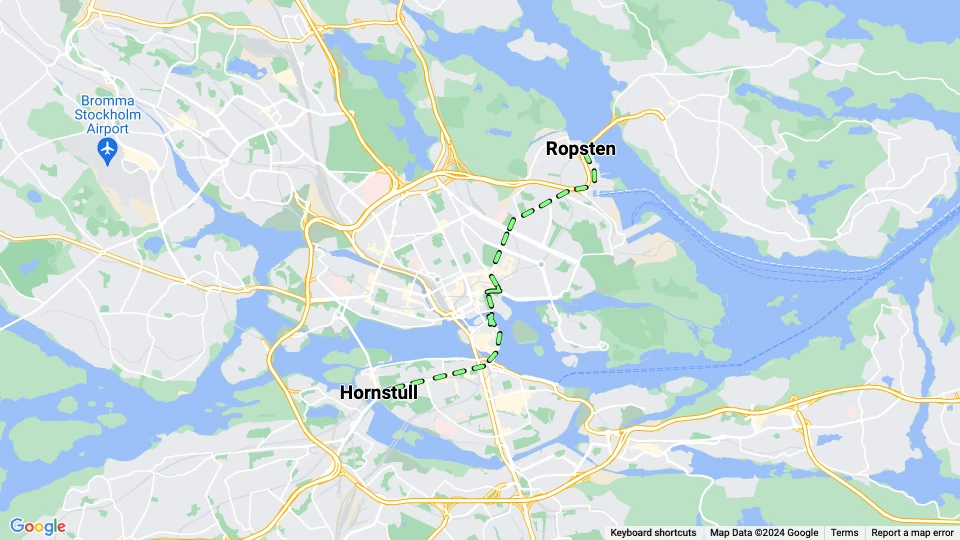 Stockholm Straßenbahnlinie 10: Ropsten - Hornstull Linienkarte