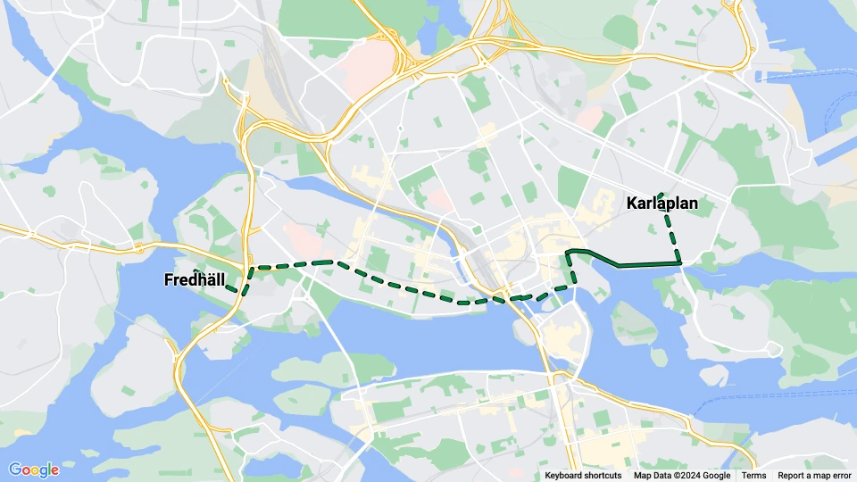 Stockholm Straßenbahnlinie 2: Fredhäll - Karlaplan Linienkarte