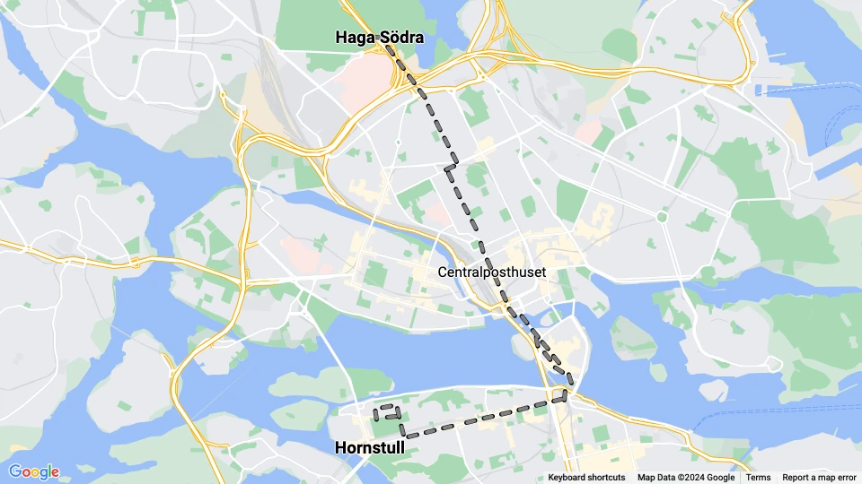 Stockholm Straßenbahnlinie 3: Haga Södra - Hornstull Linienkarte