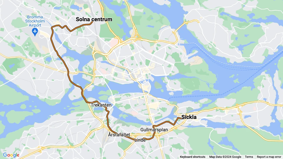 Stockholm Straßenbahnlinie 30 Tvärbanan: Solna centrum - Sickla Linienkarte