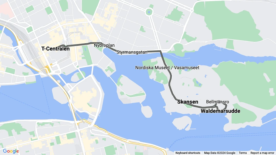 Stockholm Straßenbahnlinie 7S Spårväg City: T-Centralen - Waldemarsudde Linienkarte