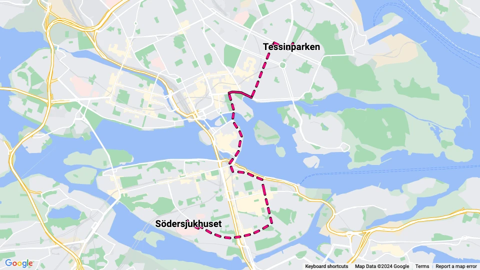 Stockholm Straßenbahnlinie 8: Södersjukhuset - Tessinparken Linienkarte