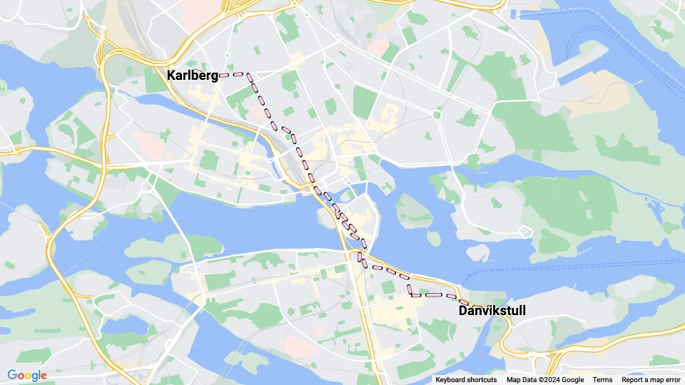 Stockholm Straßenbahnlinie 9: Karlberg - Danvikstull Linienkarte
