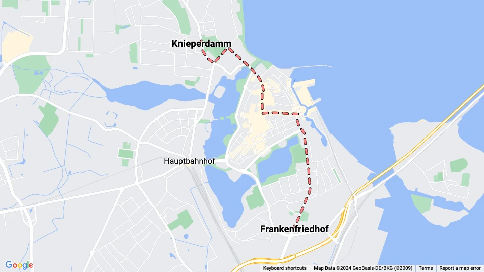 Stralsund Straßenbahnlinie 1: Knieperdamm - Frankenfriedhof Linienkarte