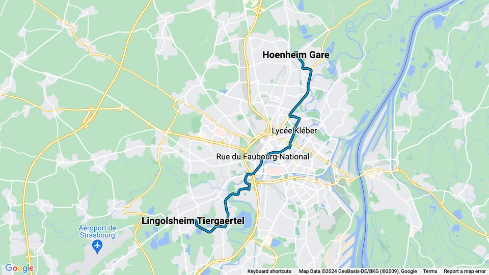 Straßburg Straßenbahnlinie B: Hoenheim Gare - Lingolsheim Tiergaertel Linienkarte